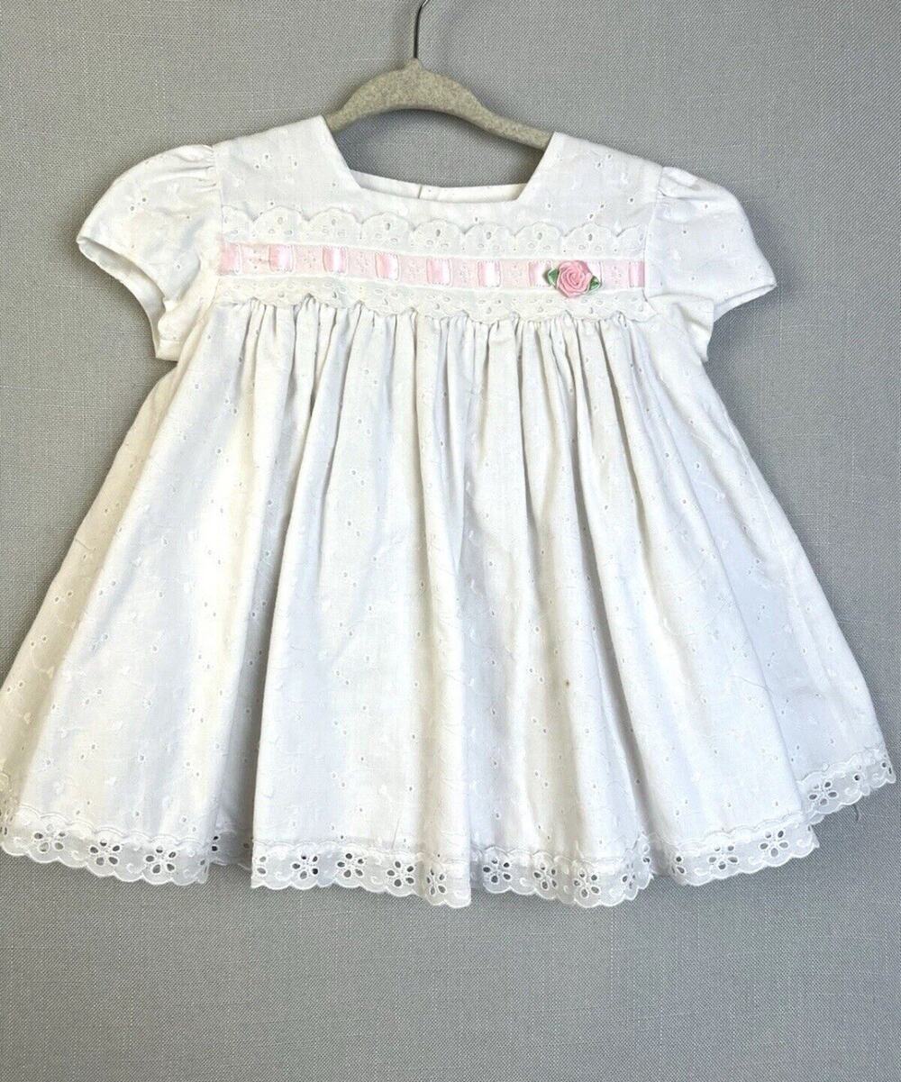 C. I Castro & Co Dress Baby Girl 12 Mos White Pink Eyelet Puffed Sleeves Party